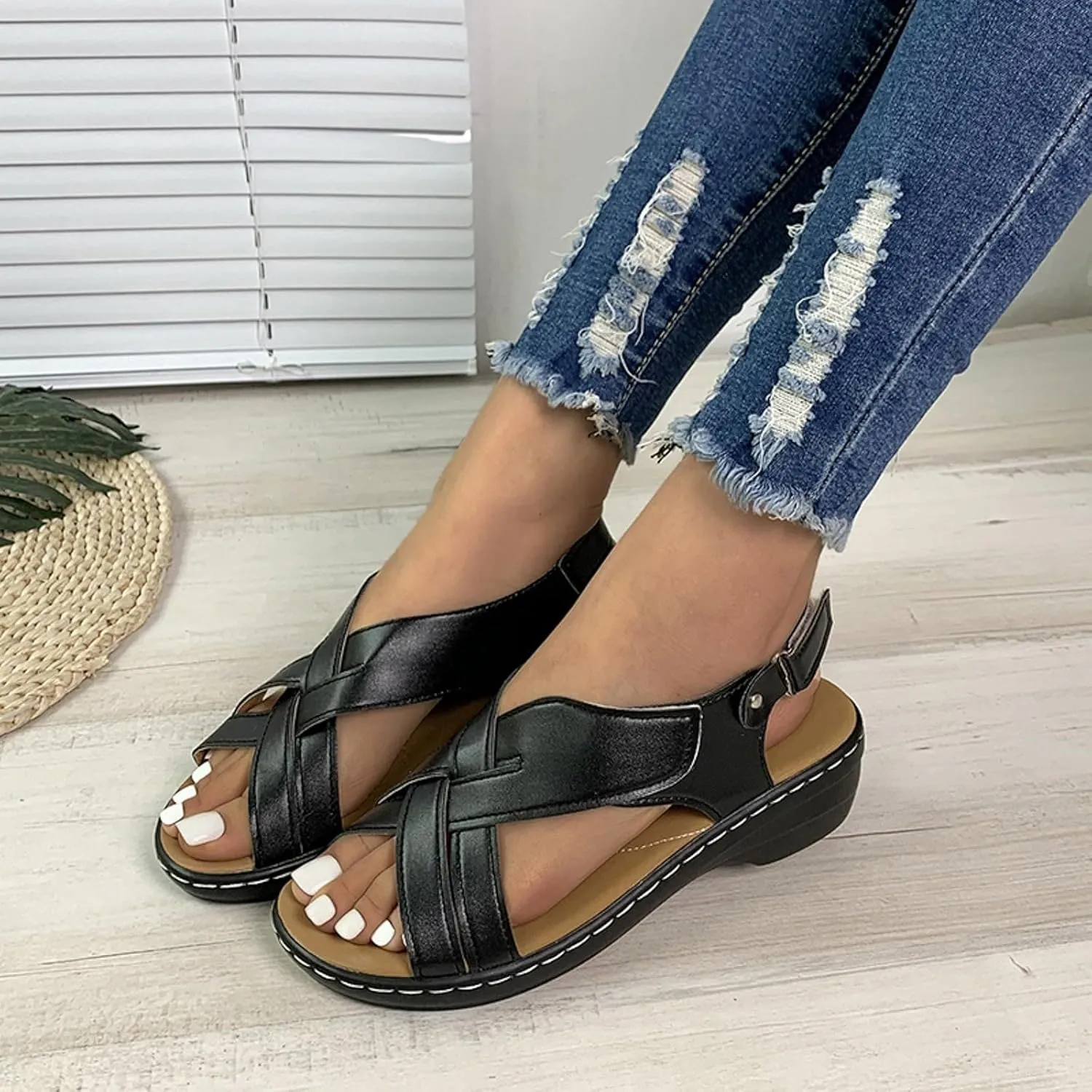 ZSpzx Women's Orthopedic Arch Support Sandals Comfortable for Women Foot Plantar Fasciitis Bunion Slide Open Toe Crisscross Straps Slip On Dressy Summer Adjustable Walking Casual Orthotic Beach Shoes