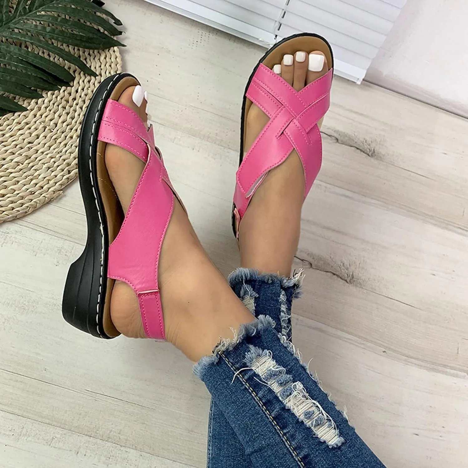 ZSpzx Women's Orthopedic Arch Support Sandals Comfortable for Women Foot Plantar Fasciitis Bunion Slide Open Toe Crisscross Straps Slip On Dressy Summer Adjustable Walking Casual Orthotic Beach Shoes