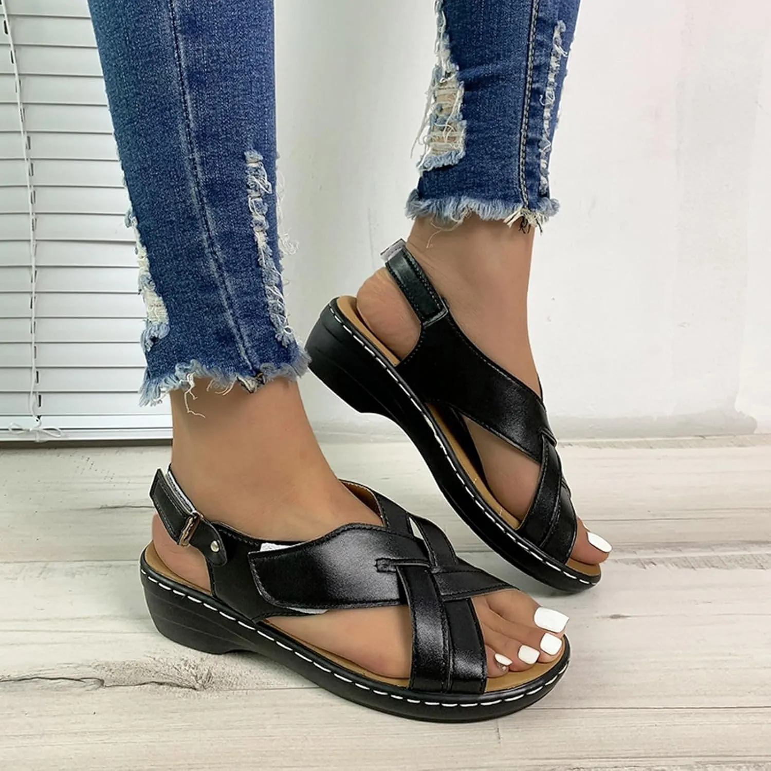 ZSpzx Women's Orthopedic Arch Support Sandals Comfortable for Women Foot Plantar Fasciitis Bunion Slide Open Toe Crisscross Straps Slip On Dressy Summer Adjustable Walking Casual Orthotic Beach Shoes