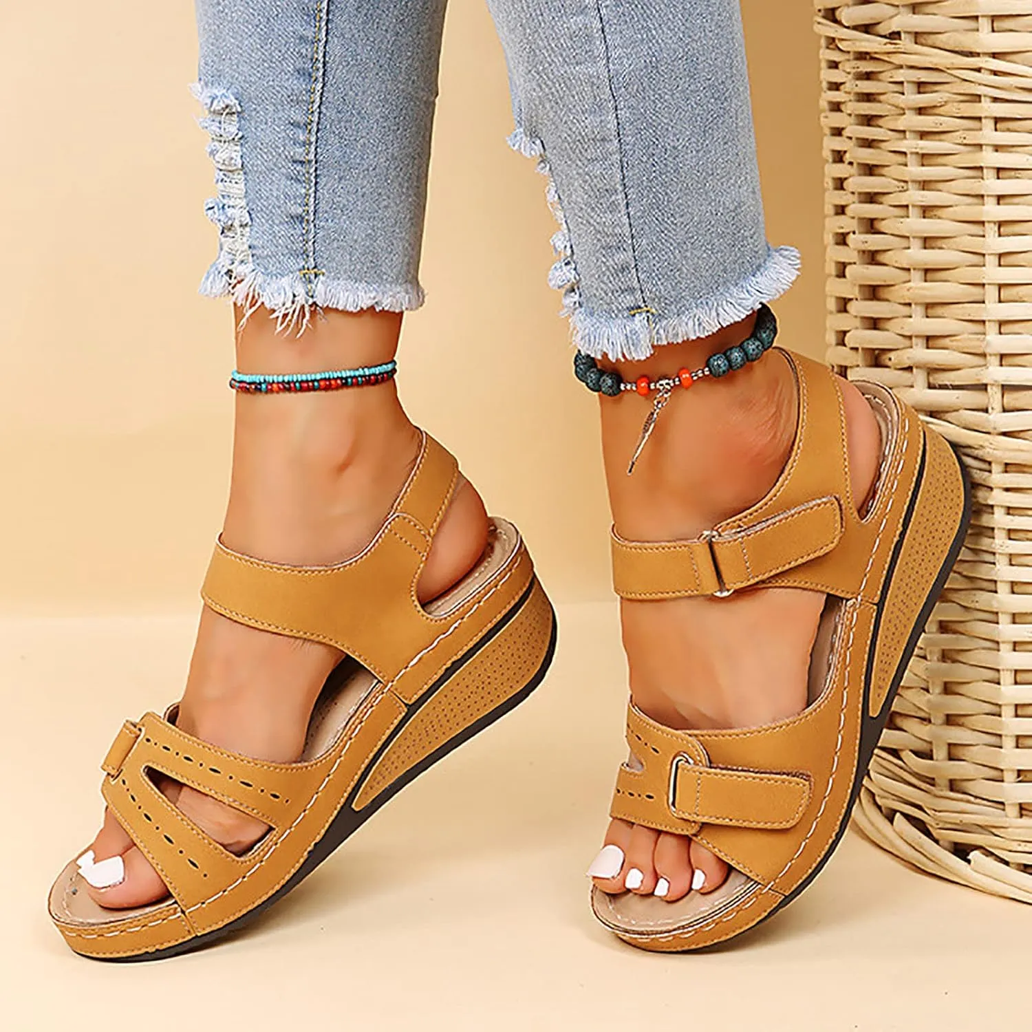 ZSpzx Women's Orthopedic Arch Support Sandals Comfortable Wedge for Women Dressy Summer Open Toe Ankle Strap Platform Casual Strappy Womens Wedges Beach Dress Orthotic Outdoor Walking Shoes