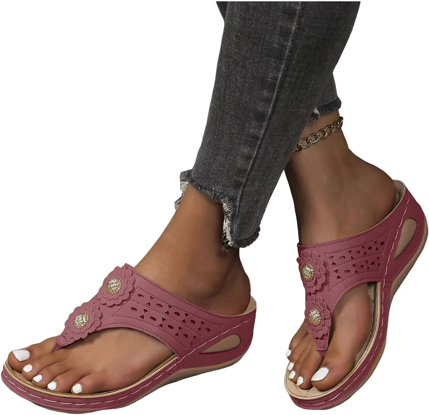 ZSpzx Women's Orthotic Cushion Flip Flops Recovery Walking Sandals for Women Arch Support Wedge Thong T-Strap Casual Flat Slippers Slide Comfortable Flowers Slip on Plantar Fasciitis Beach Shoes