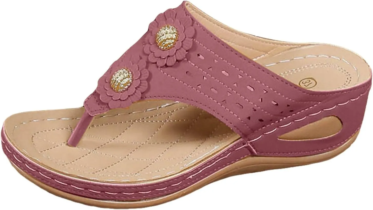 ZSpzx Women's Orthotic Cushion Flip Flops Recovery Walking Sandals for Women Arch Support Wedge Thong T-Strap Casual Flat Slippers Slide Comfortable Flowers Slip on Plantar Fasciitis Beach Shoes